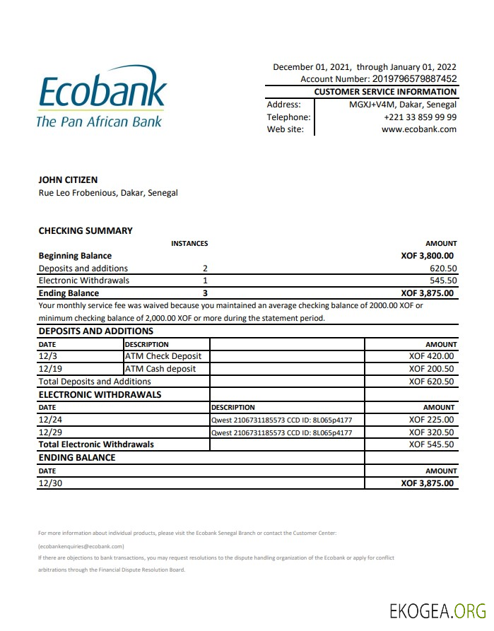 Relevé bancaire Ecobank Sénégal xls